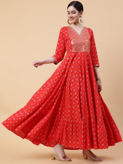 Rayon  Full Length Printed Flared 3/4 Sleeve V-Neck Kurta