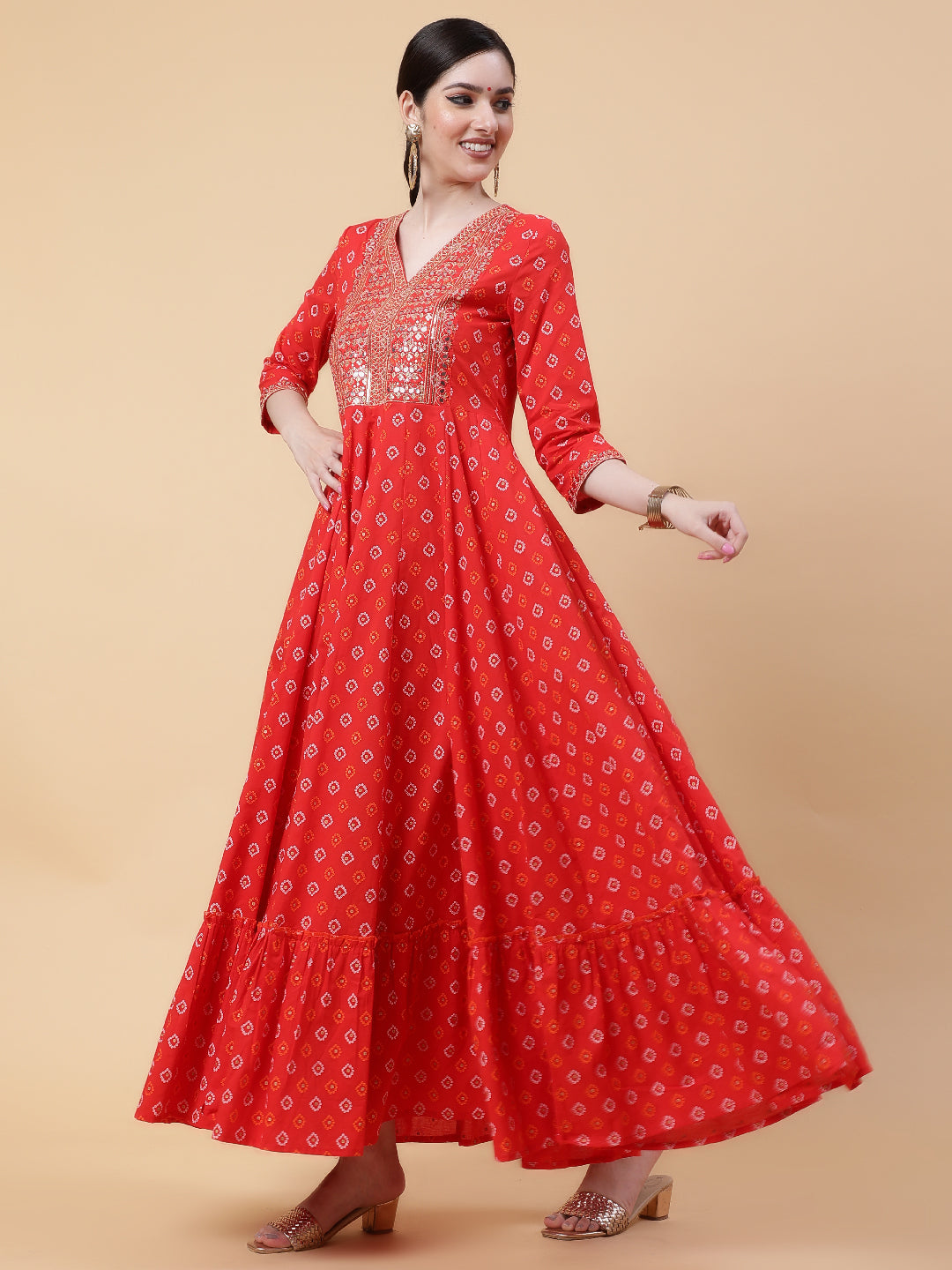 Rayon  Full Length Printed Flared 3/4 Sleeve V-Neck Kurta