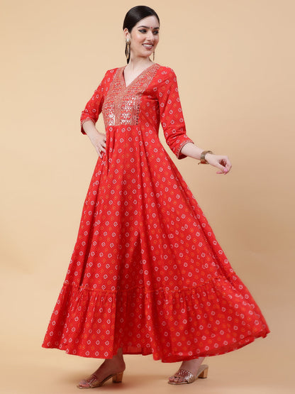 Rayon  Full Length Printed Flared 3/4 Sleeve V-Neck Kurta