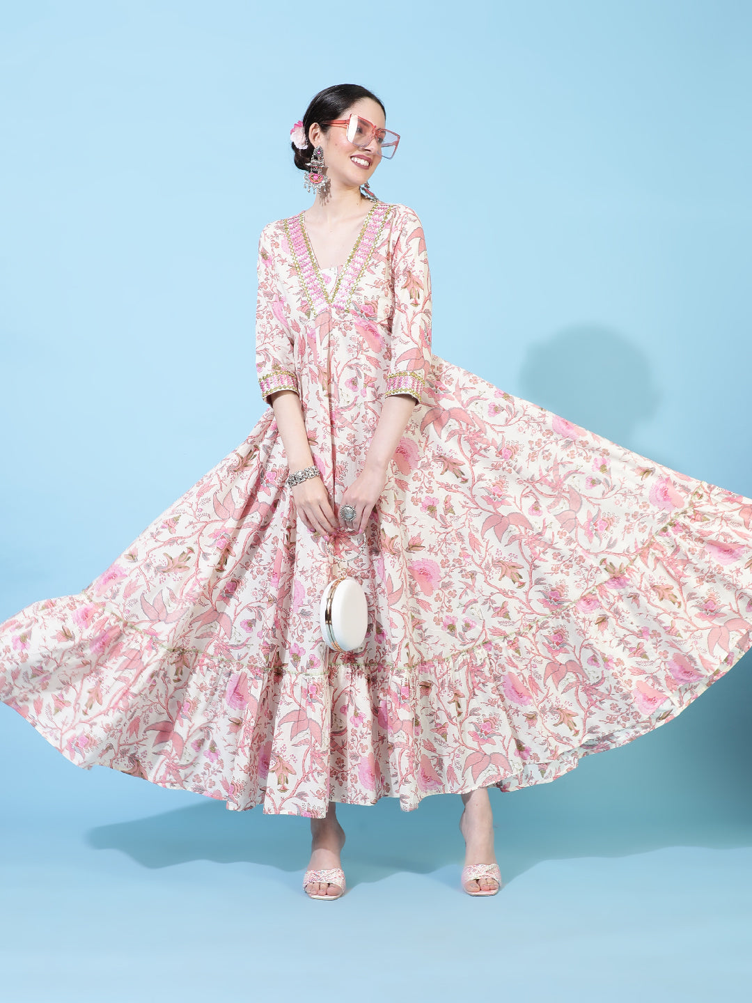 Cotton  Full Length Printed Flared 3/4 Sleeve V-Neck Kurta