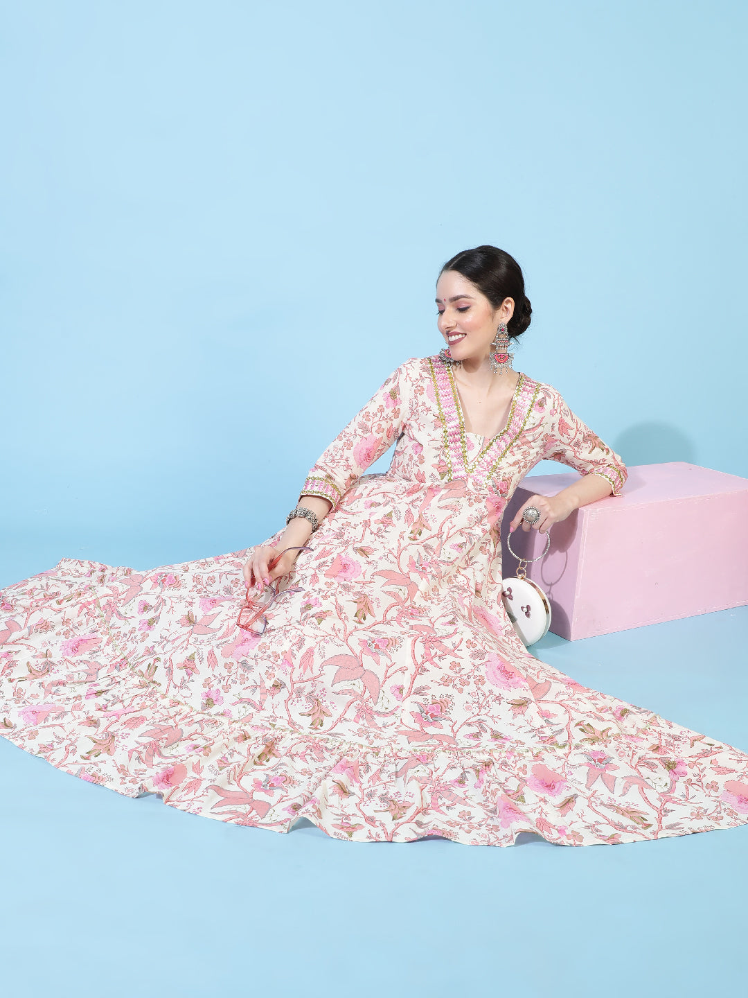 Cotton  Full Length Printed Flared 3/4 Sleeve V-Neck Kurta
