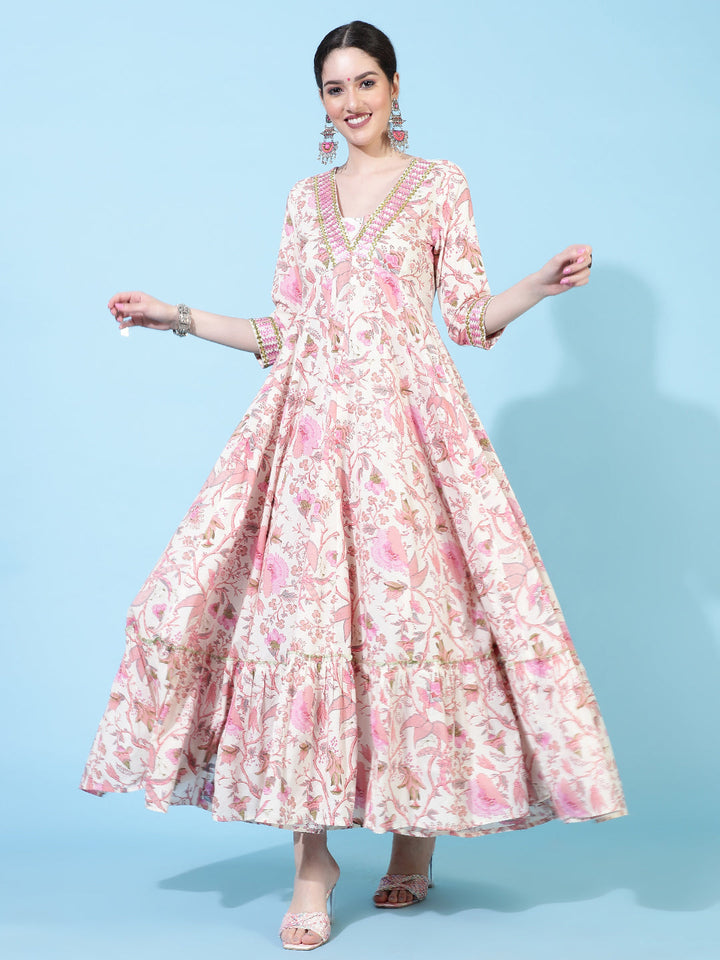 Cotton  Full Length Printed Flared 3/4 Sleeve V-Neck Kurta