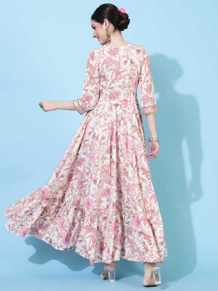 Cotton  Full Length Printed Flared 3/4 Sleeve V-Neck Kurta