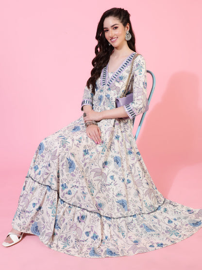 Cotton  Full Length Printed Flared 3/4 Sleeve V-Neck Kurta