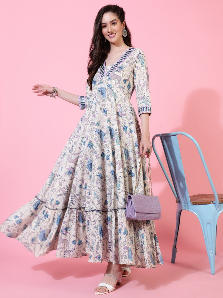 Cotton  Full Length Printed Flared 3/4 Sleeve V-Neck Kurta