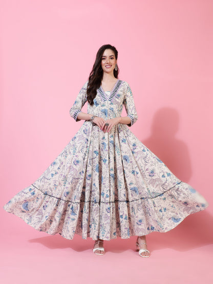 Cotton  Full Length Printed Flared 3/4 Sleeve V-Neck Kurta