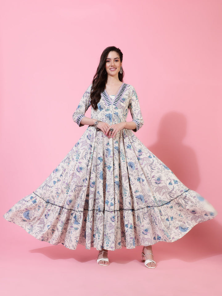 Cotton  Full Length Printed Flared 3/4 Sleeve V-Neck Kurta