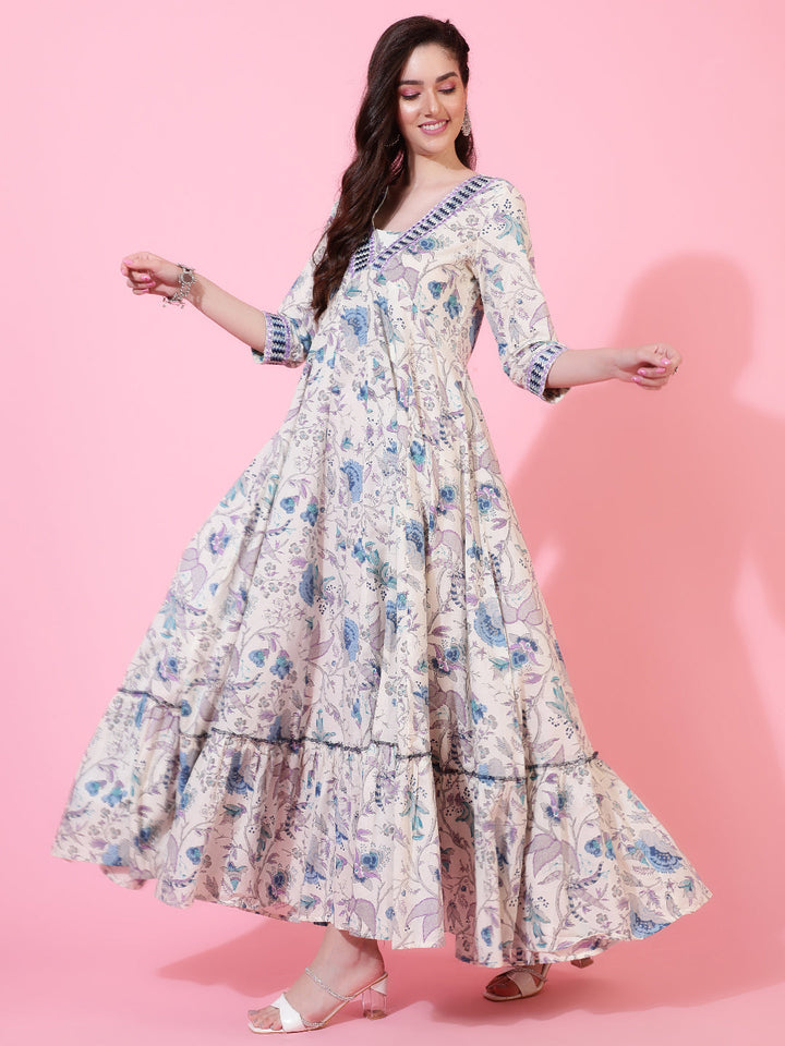 Cotton  Full Length Printed Flared 3/4 Sleeve V-Neck Kurta