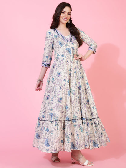 Cotton  Full Length Printed Flared 3/4 Sleeve V-Neck Kurta