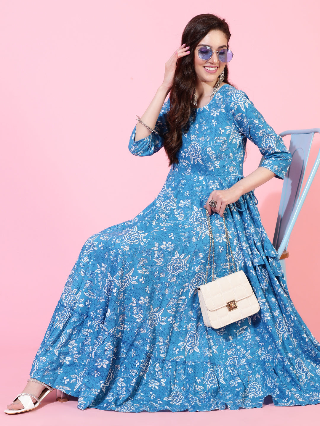 Rayon  Ankle Length Printed Flared 3/4 Sleeve Round Kurta