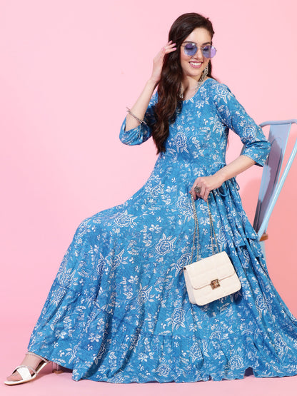 Rayon  Ankle Length Printed Flared 3/4 Sleeve Round Kurta