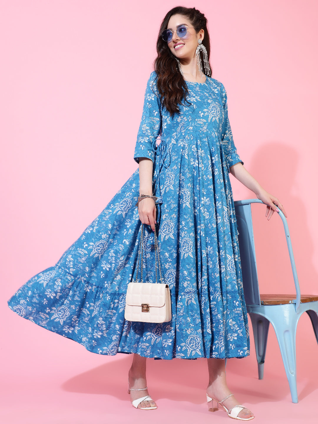 Rayon  Ankle Length Printed Flared 3/4 Sleeve Round Kurta