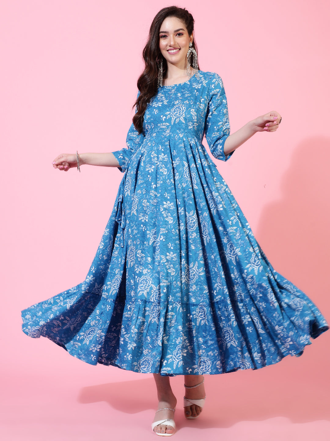 Rayon  Ankle Length Printed Flared 3/4 Sleeve Round Kurta