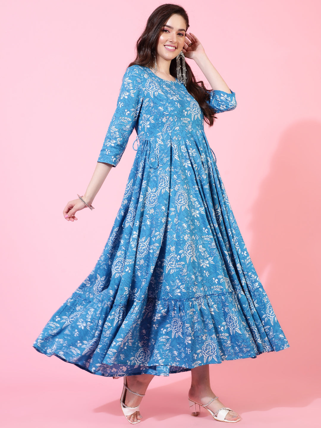 Rayon  Ankle Length Printed Flared 3/4 Sleeve Round Kurta