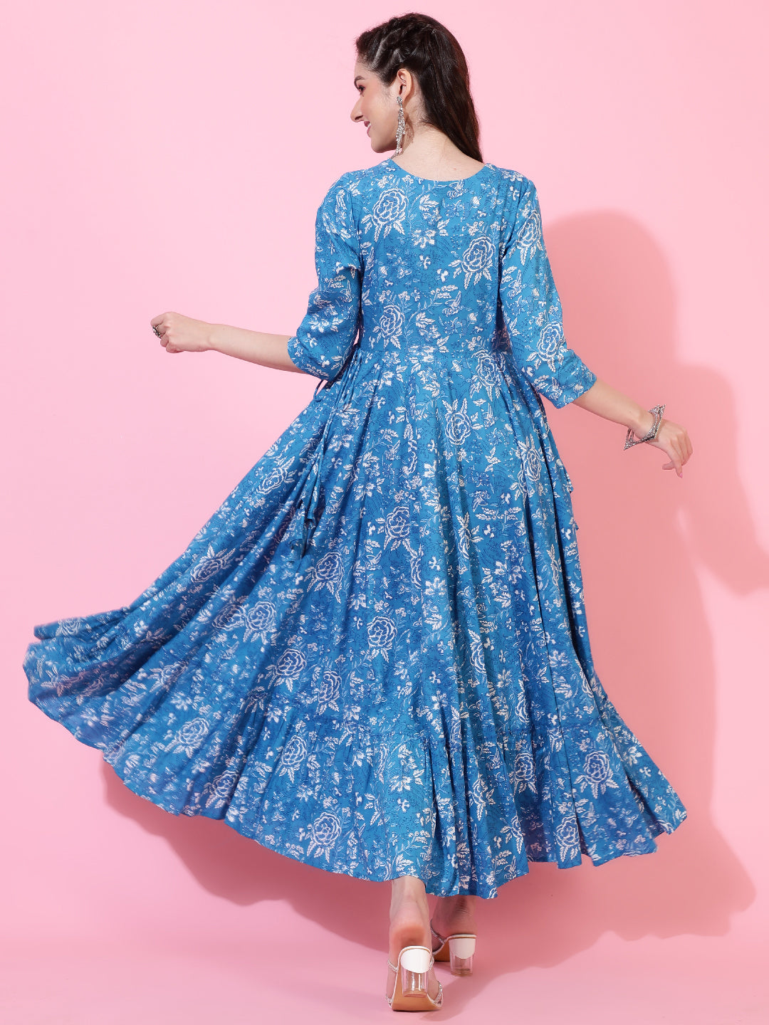 Rayon  Ankle Length Printed Flared 3/4 Sleeve Round Kurta