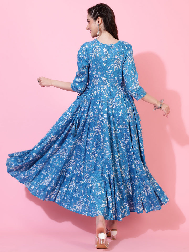 Rayon  Ankle Length Printed Flared 3/4 Sleeve Round Kurta