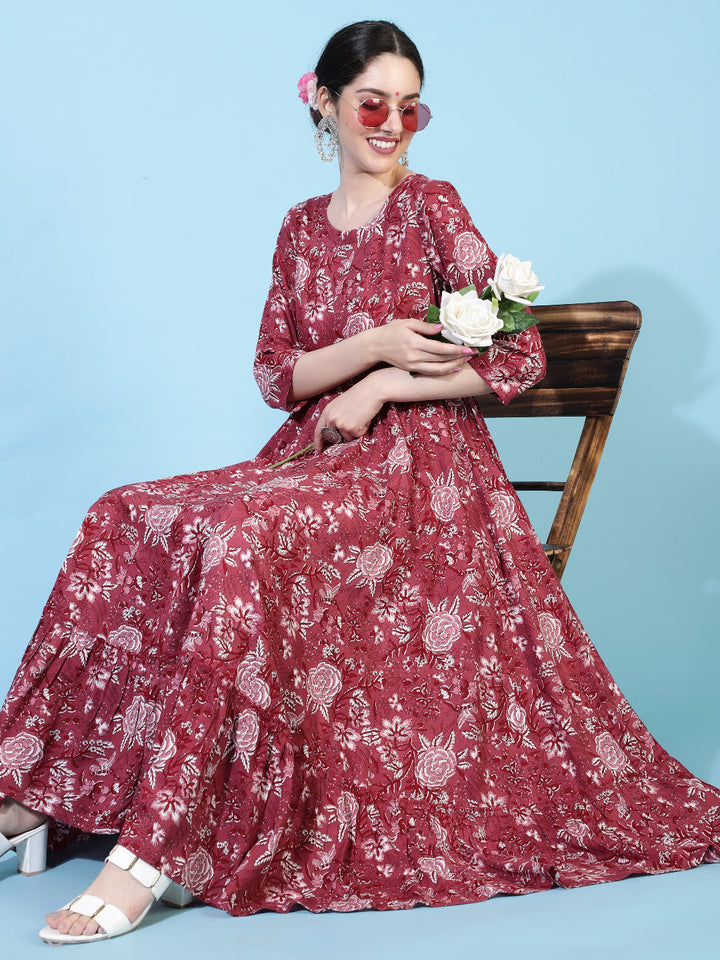 Rayon  Ankle Length Printed Flared 3/4 Sleeve Round Kurta