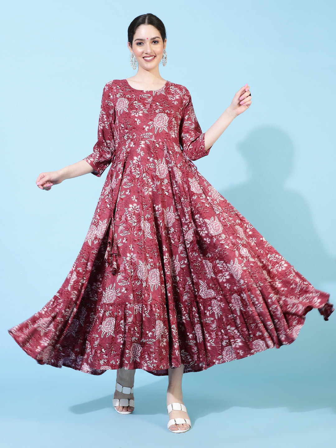 Rayon  Ankle Length Printed Flared 3/4 Sleeve Round Kurta