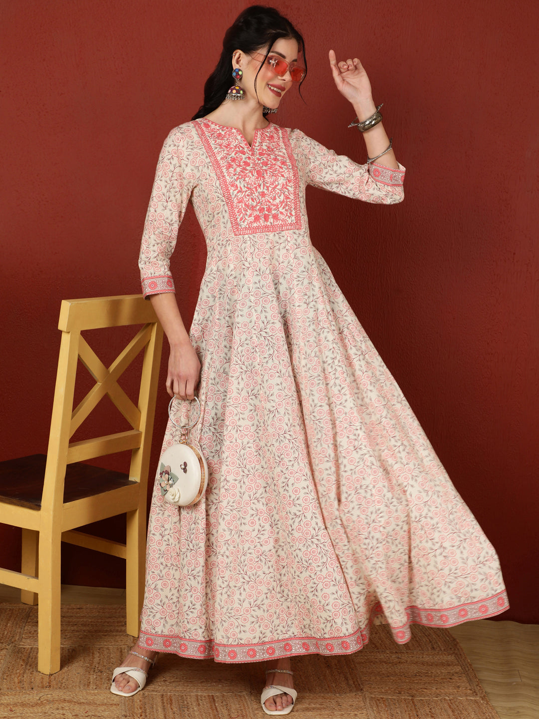 Cotton  Ankle Length Length Printed Flared 3/4 Sleeves Round Kurta