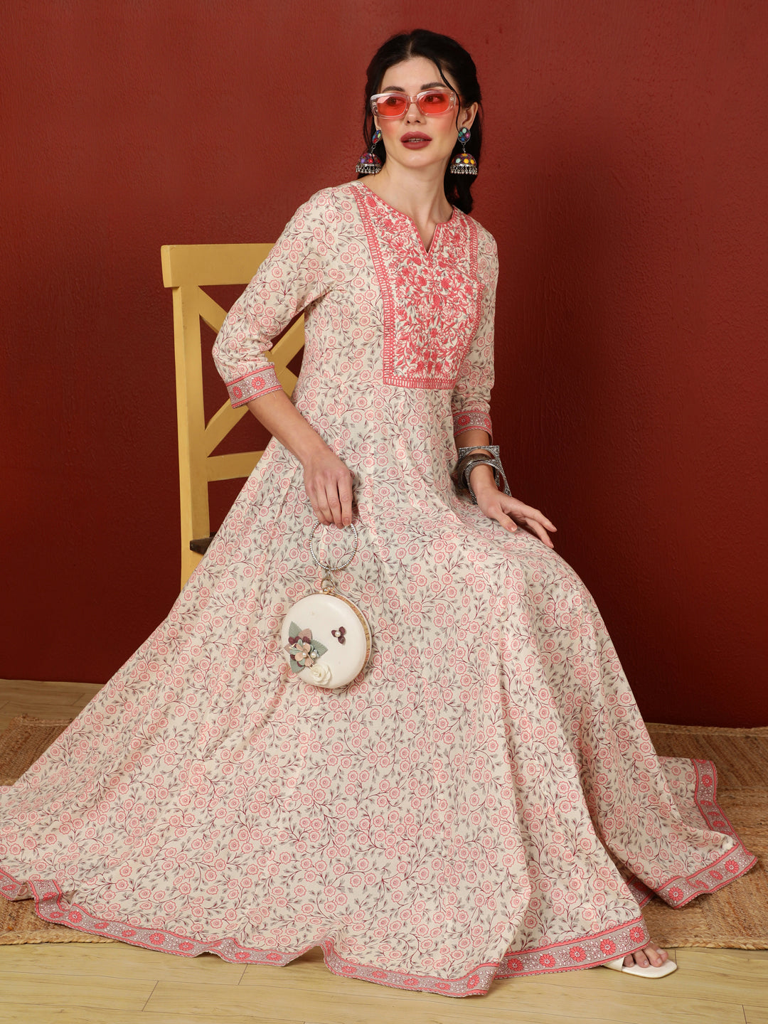 Cotton  Ankle Length Length Printed Flared 3/4 Sleeves Round Kurta