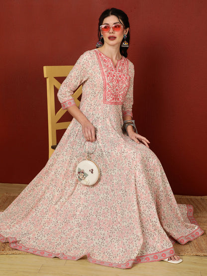 Cotton  Ankle Length Length Printed Flared 3/4 Sleeves Round Kurta