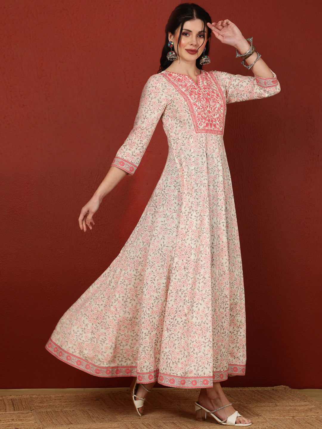 Cotton  Ankle Length Length Printed Flared 3/4 Sleeves Round Kurta