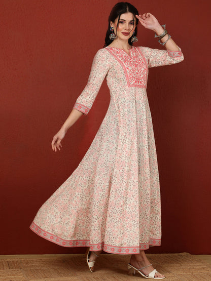 Cotton  Ankle Length Length Printed Flared 3/4 Sleeves Round Kurta