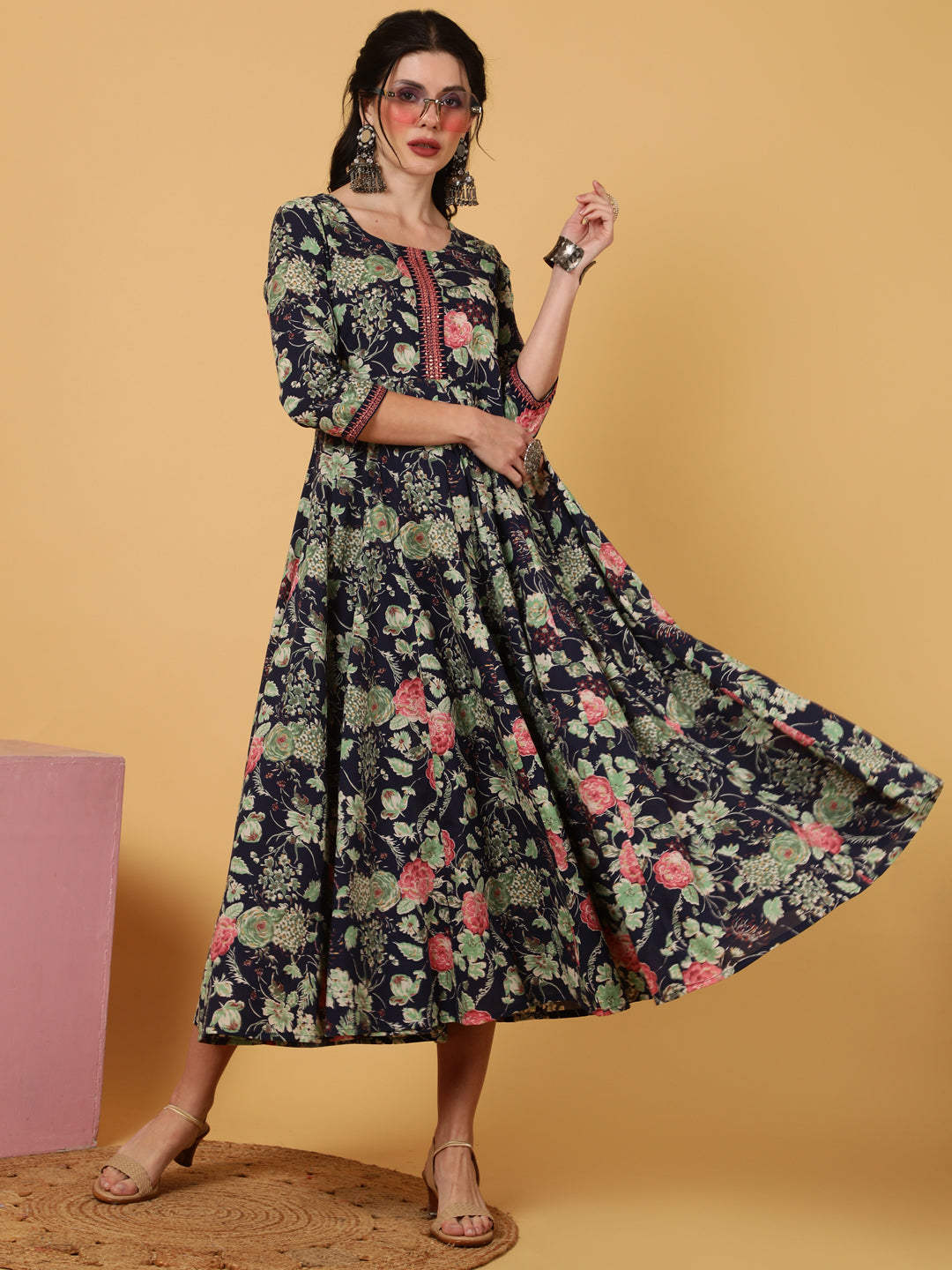 Rayon  Calf Length Printed Flared 3/4 Sleeves Round Kurta