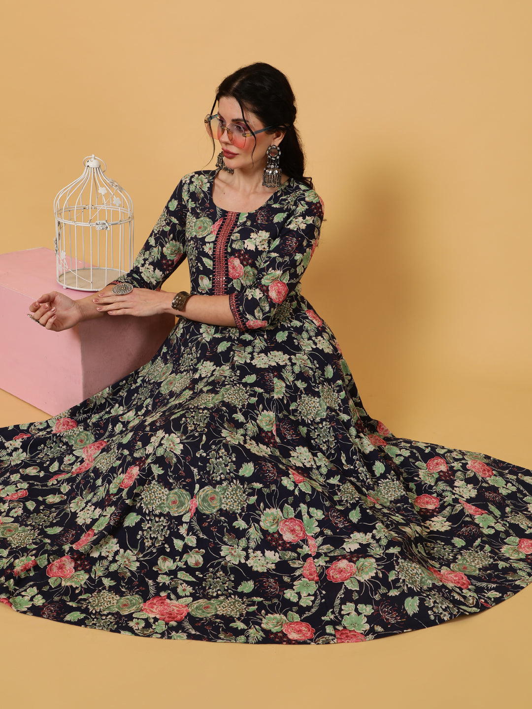 Rayon  Calf Length Printed Flared 3/4 Sleeves Round Kurta