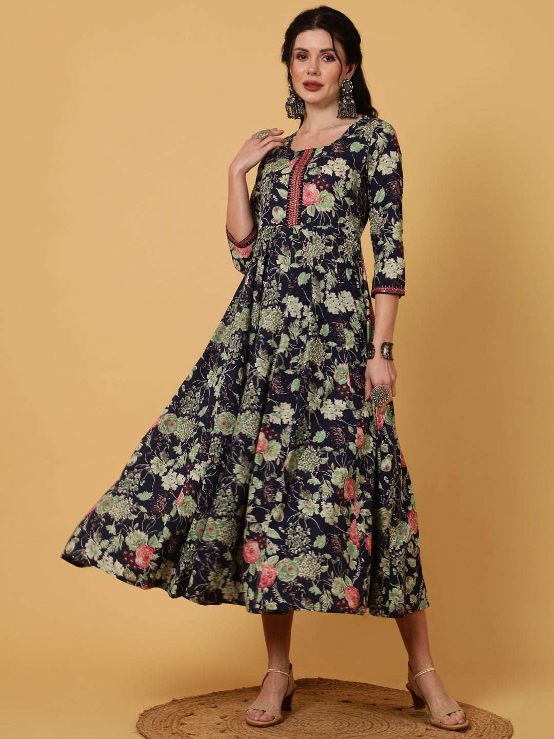 Rayon  Calf Length Printed Flared 3/4 Sleeves Round Kurta