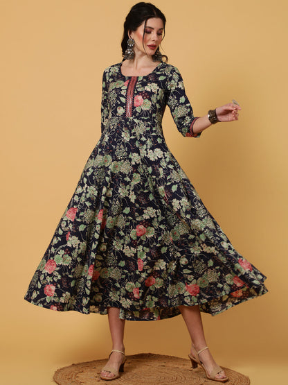 Rayon  Calf Length Printed Flared 3/4 Sleeves Round Kurta