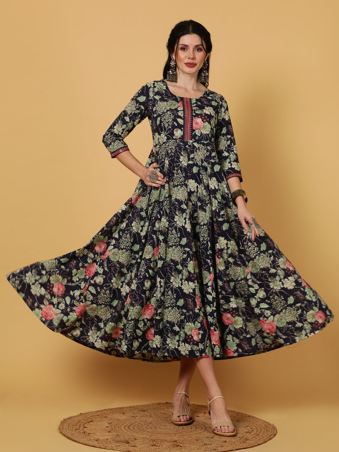 Rayon  Calf Length Printed Flared 3/4 Sleeves Round Kurta