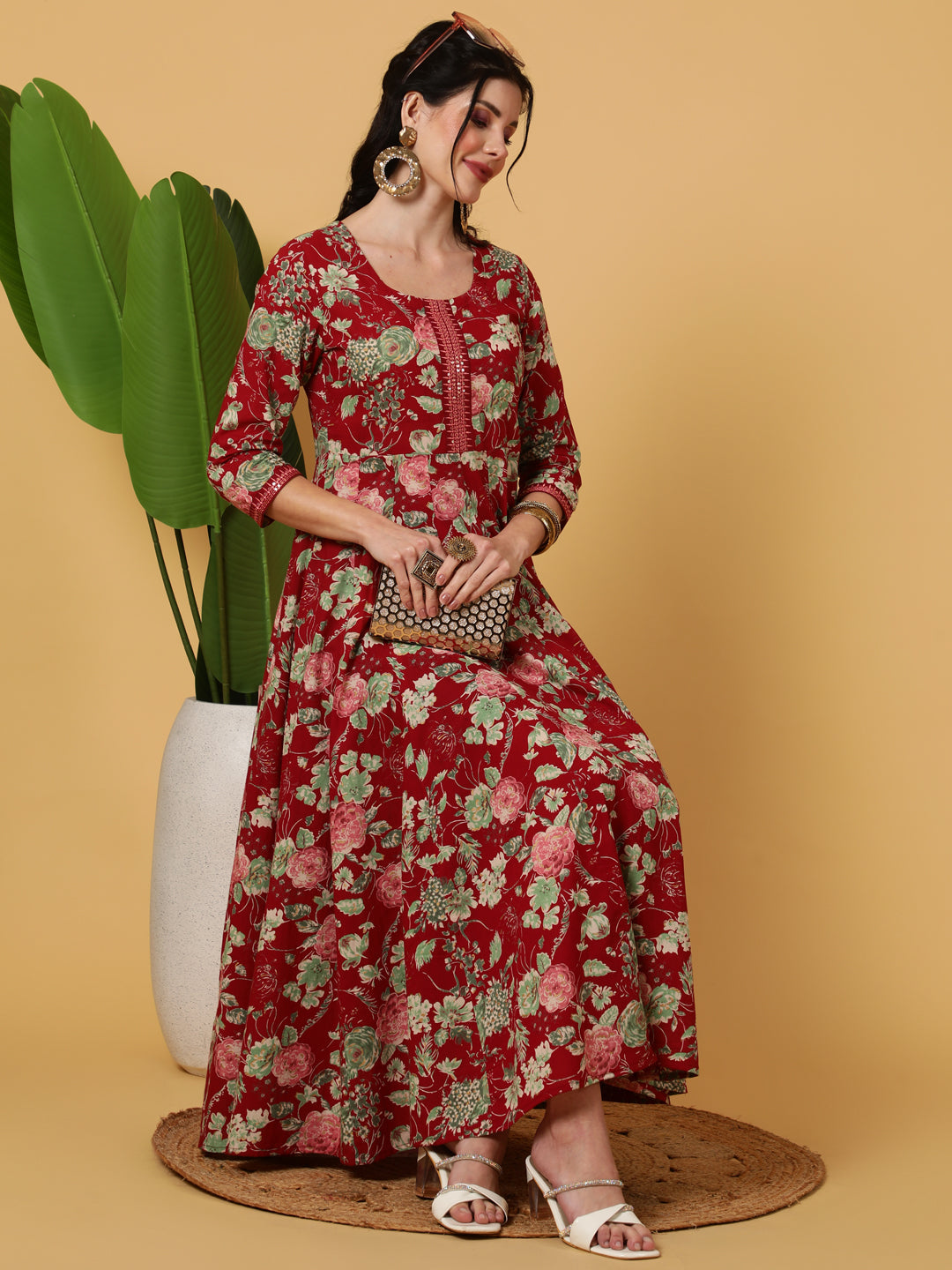 Rayon  Calf Length Printed Flared 3/4 Sleeves Round Kurta
