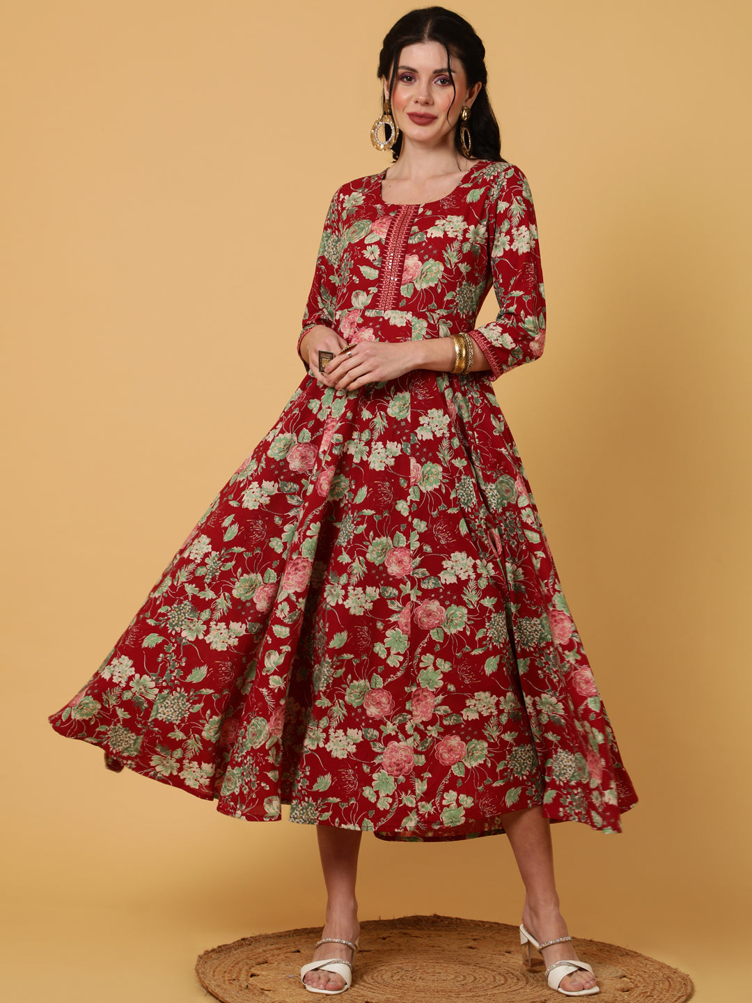 Rayon  Calf Length Printed Flared 3/4 Sleeves Round Kurta