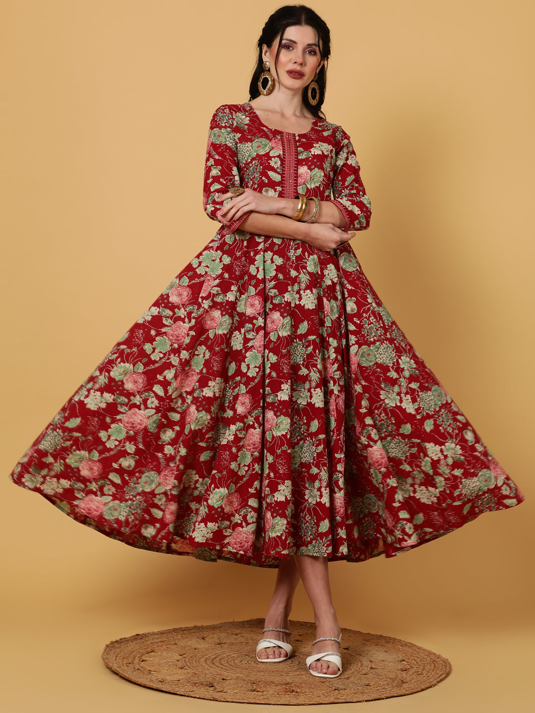 Rayon  Calf Length Printed Flared 3/4 Sleeves Round Kurta