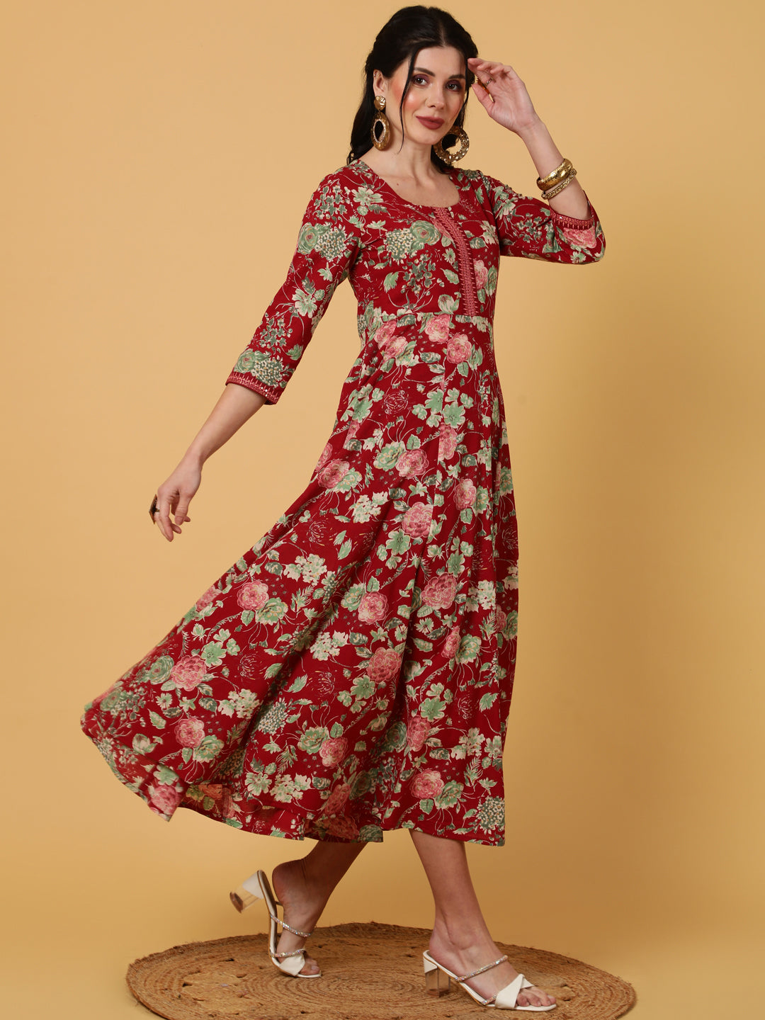 Rayon  Calf Length Printed Flared 3/4 Sleeves Round Kurta