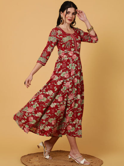 Rayon  Calf Length Printed Flared 3/4 Sleeves Round Kurta