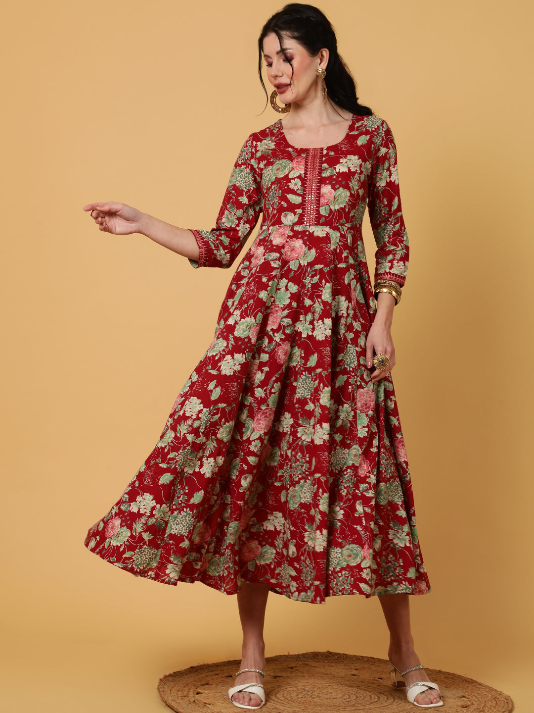 Rayon  Calf Length Printed Flared 3/4 Sleeves Round Kurta