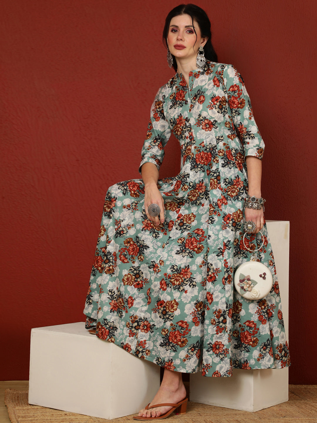 Cotton  Calf Length Printed Flared 3/4 Sleeves Mandarin Kurta