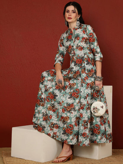 Cotton  Calf Length Printed Flared 3/4 Sleeves Mandarin Kurta