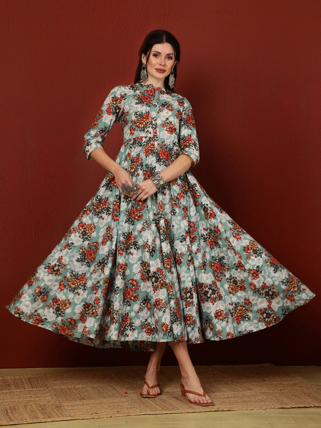 Cotton  Calf Length Printed Flared 3/4 Sleeves Mandarin Kurta