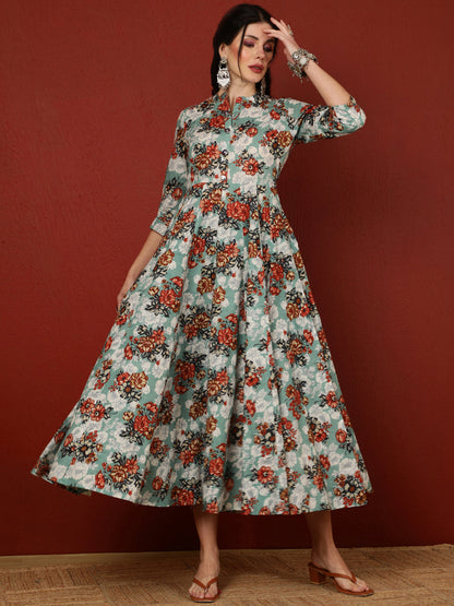 Cotton  Calf Length Printed Flared 3/4 Sleeves Mandarin Kurta