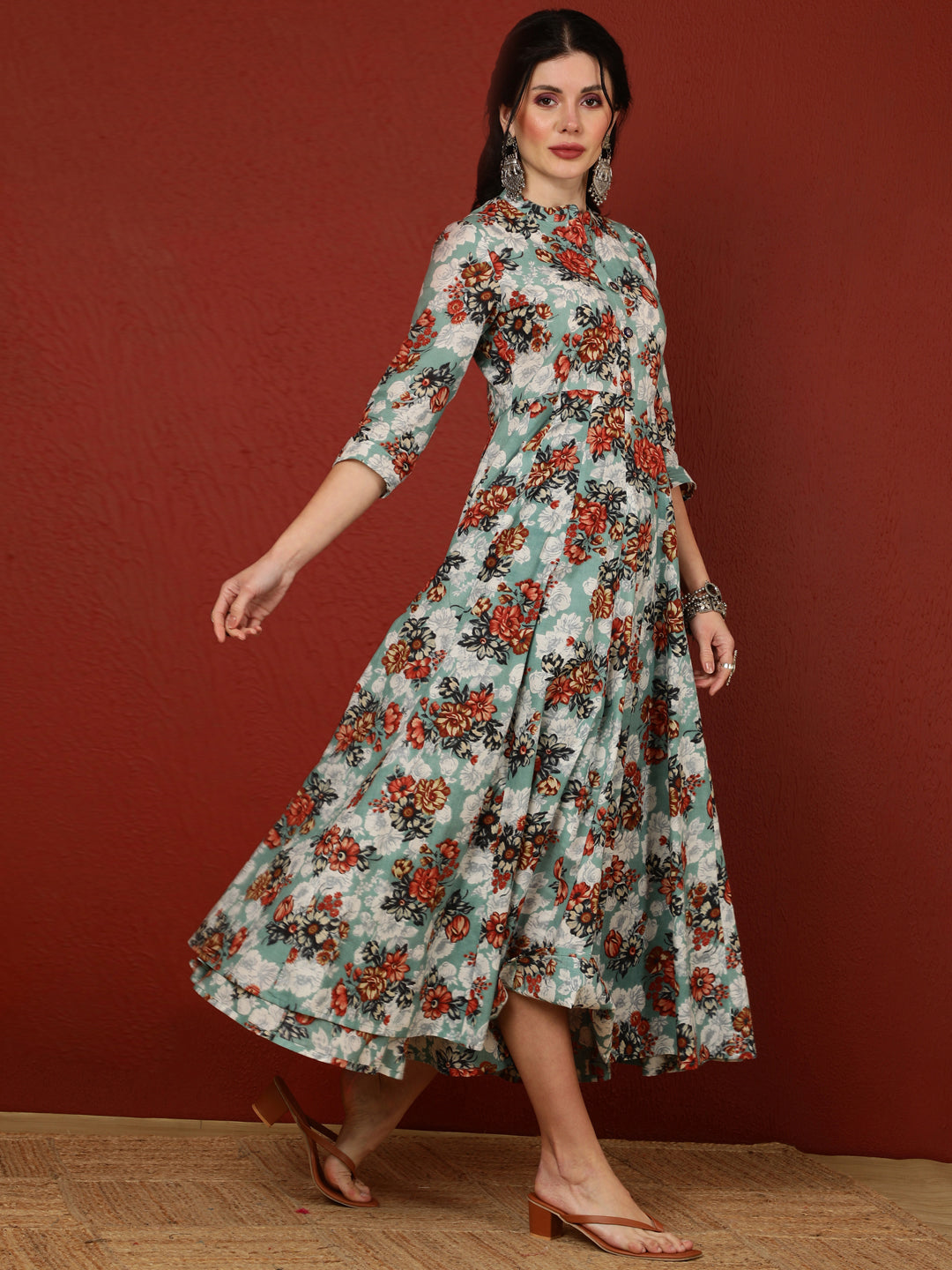 Cotton  Calf Length Printed Flared 3/4 Sleeves Mandarin Kurta