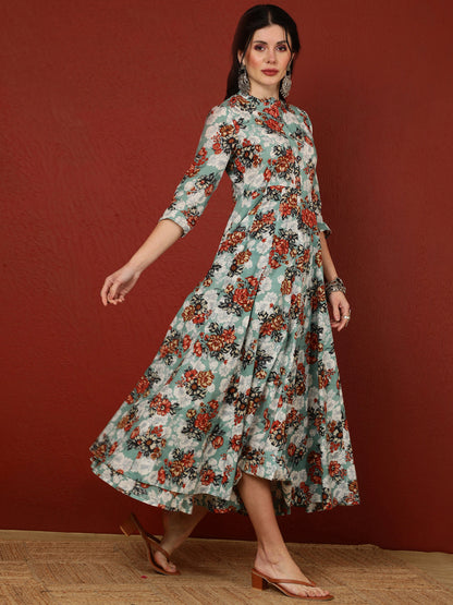 Cotton  Calf Length Printed Flared 3/4 Sleeves Mandarin Kurta