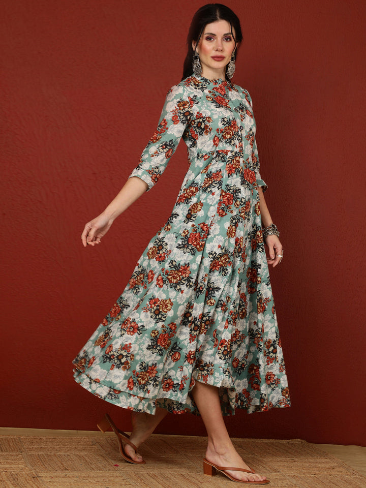 Cotton  Calf Length Printed Flared 3/4 Sleeves Mandarin Kurta