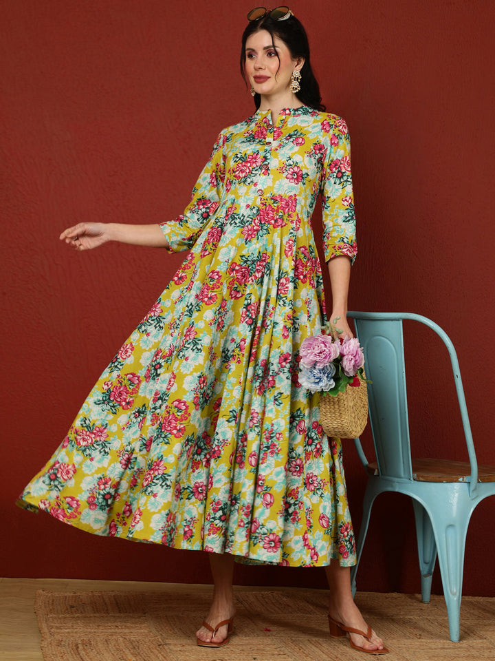 Cotton  Calf Length Printed Flared 3/4 Sleeves Mandarin Kurta