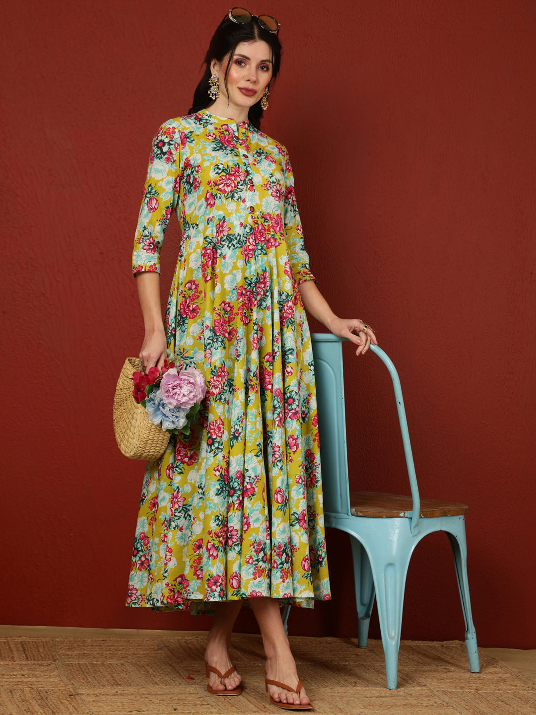 Cotton  Calf Length Printed Flared 3/4 Sleeves Mandarin Kurta