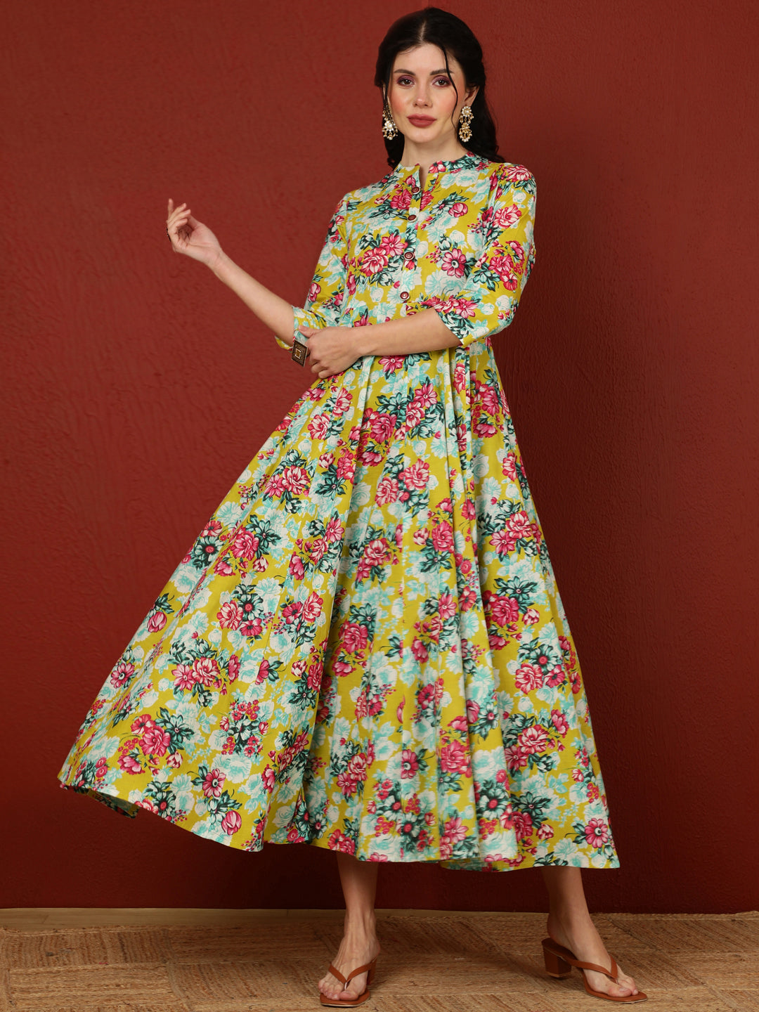 Cotton  Calf Length Printed Flared 3/4 Sleeves Mandarin Kurta