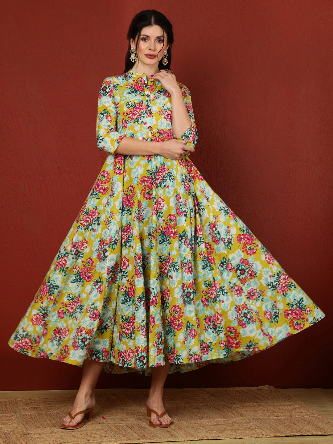 Cotton  Calf Length Printed Flared 3/4 Sleeves Mandarin Kurta