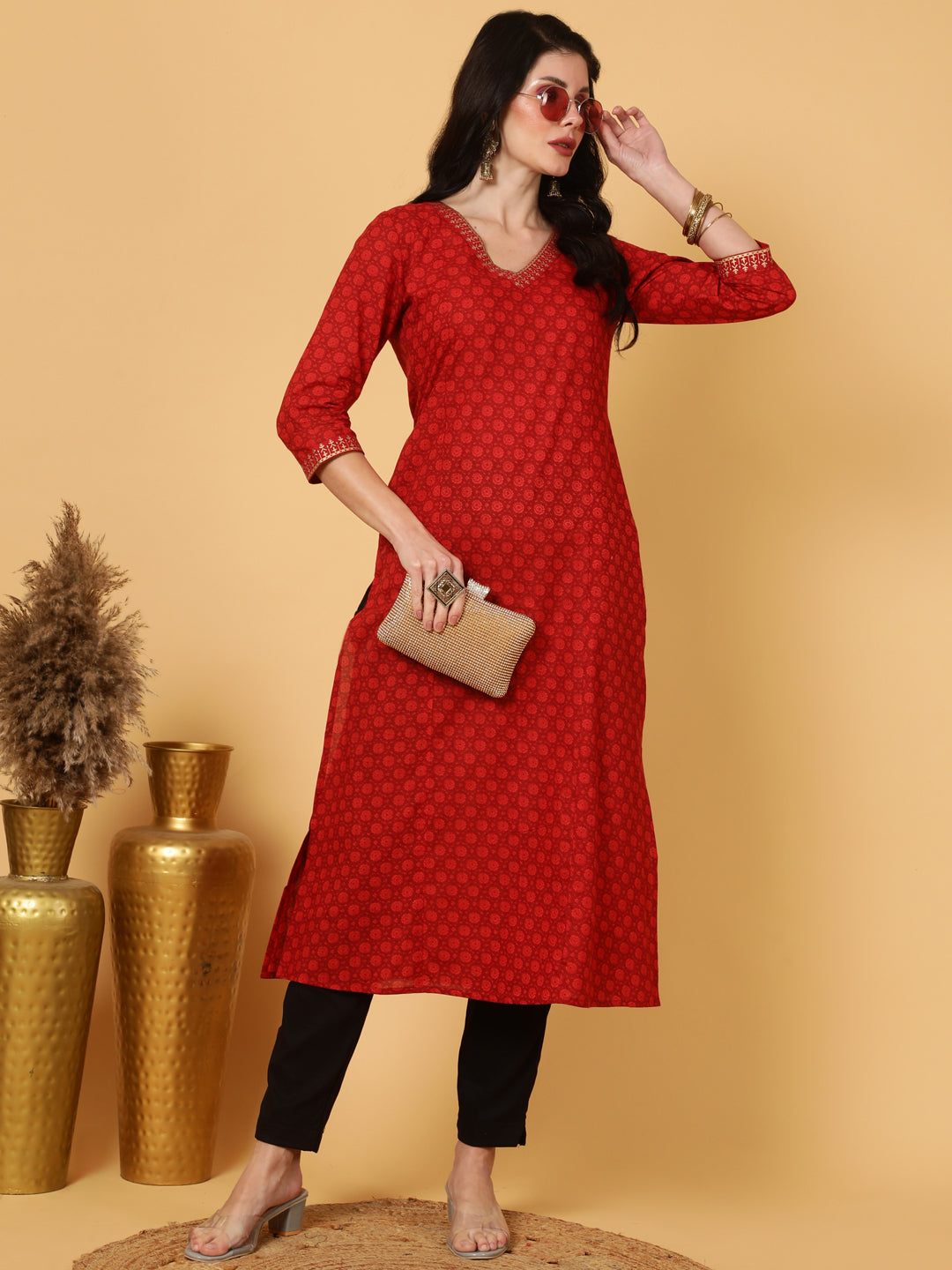 Cotton  Calf Length Printed Straight 3/4 Sleeves V-Neck Kurta